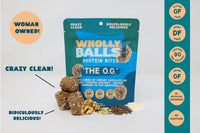Thumbnail for A blue bag of The O.G. – Chocolate Coconut Wholly Balls | Plant-Based Protein Snack is surrounded by bites, nuts, and seeds. Highlights: “Woman owned!”, “Crazy clean!”, “Ridiculously delicious!”, gluten-free and plant-based protein icons.