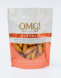 Thumbnail for A 6.5 oz (184g) bag of OMG Pretzels - Buffalo Sourdough Pretzel Nuggets comes in bold orange packaging with product info and an image of this spicy snack on the front.