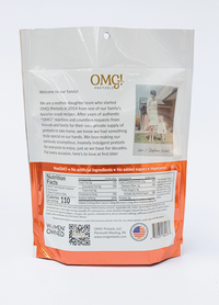 Thumbnail for Back of a bag of OMG Pretzels - Buffalo Sourdough Pretzel Nuggets, with a welcome message, family photo, nutrition facts, certifications, and product info. This spicy snack features buffalo seasoning and is non-GMO, vegetarian, and women-owned.
