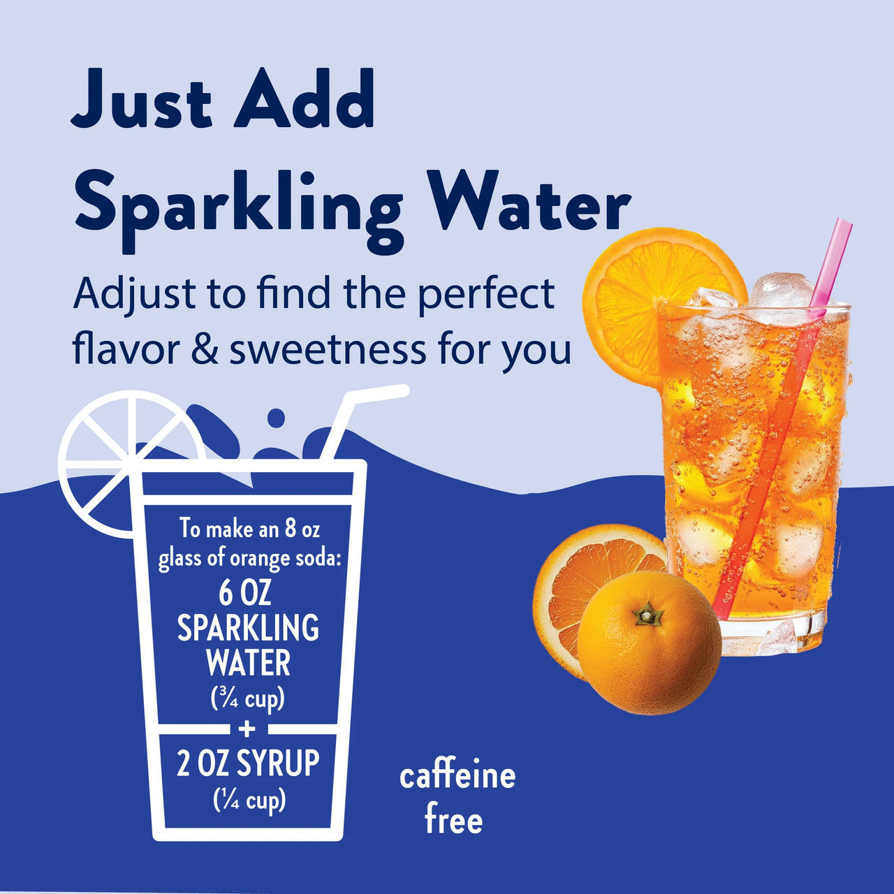 A glass of Orange Soda Skinny Syrup – Bright, Bubbly & Totally Throwback 🍊🥤✨ with ice and a straw sits by whole and sliced oranges. Text shows how to mix 6 oz sparkling water with 2 oz syrup for a caffeine-free orange soda.