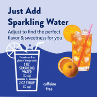 Thumbnail for A glass of Orange Soda Skinny Syrup – Bright, Bubbly & Totally Throwback 🍊🥤✨ with ice and a straw sits by whole and sliced oranges. Text shows how to mix 6 oz sparkling water with 2 oz syrup for a caffeine-free orange soda.