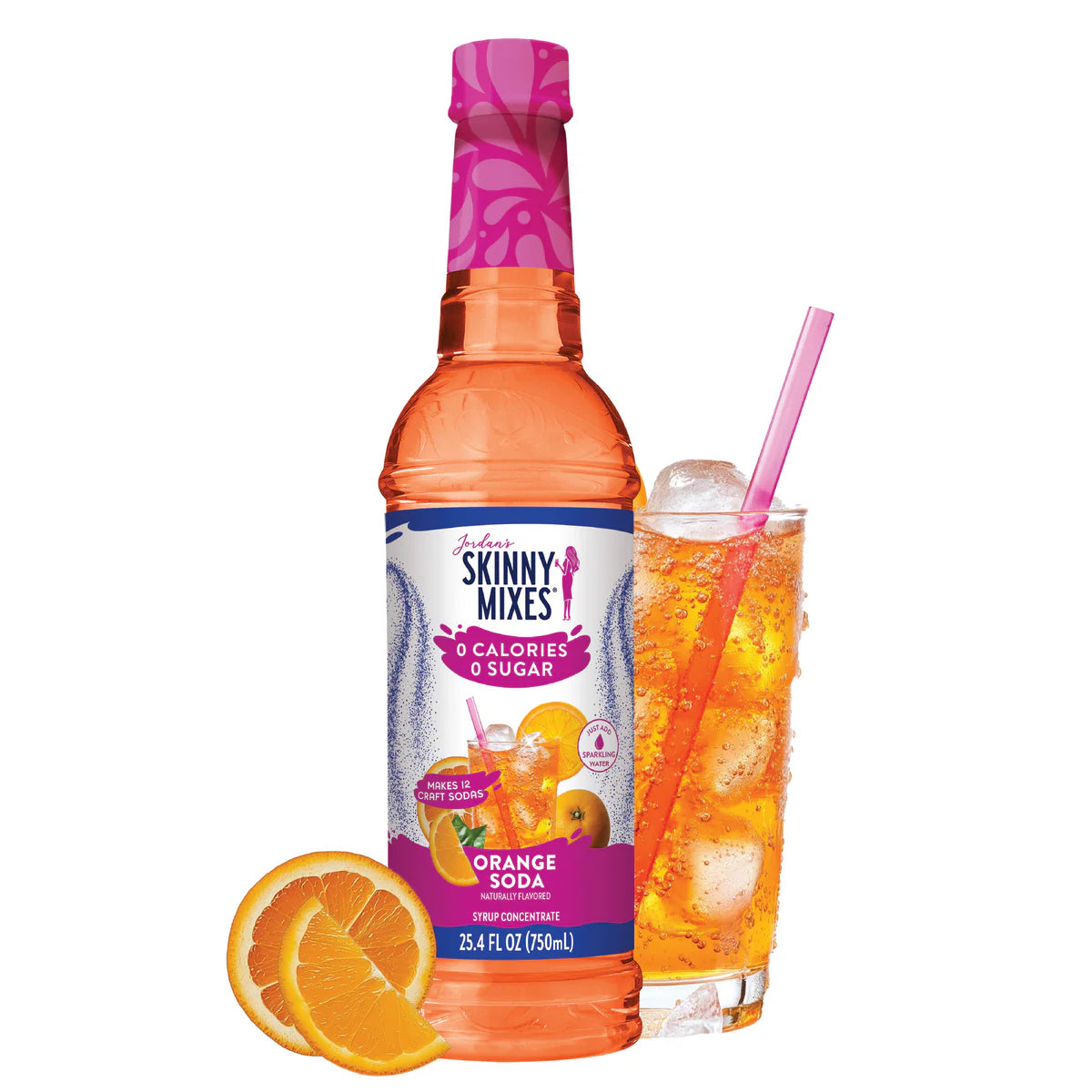 A bottle of Orange Soda Skinny Syrup – Bright, Bubbly & Totally Throwback 🍊🥤✨ is shown with a glass of orange soda, ice, a pink straw, and orange slices. The label highlights zero calories and sugar—ideal for keto drinks.
