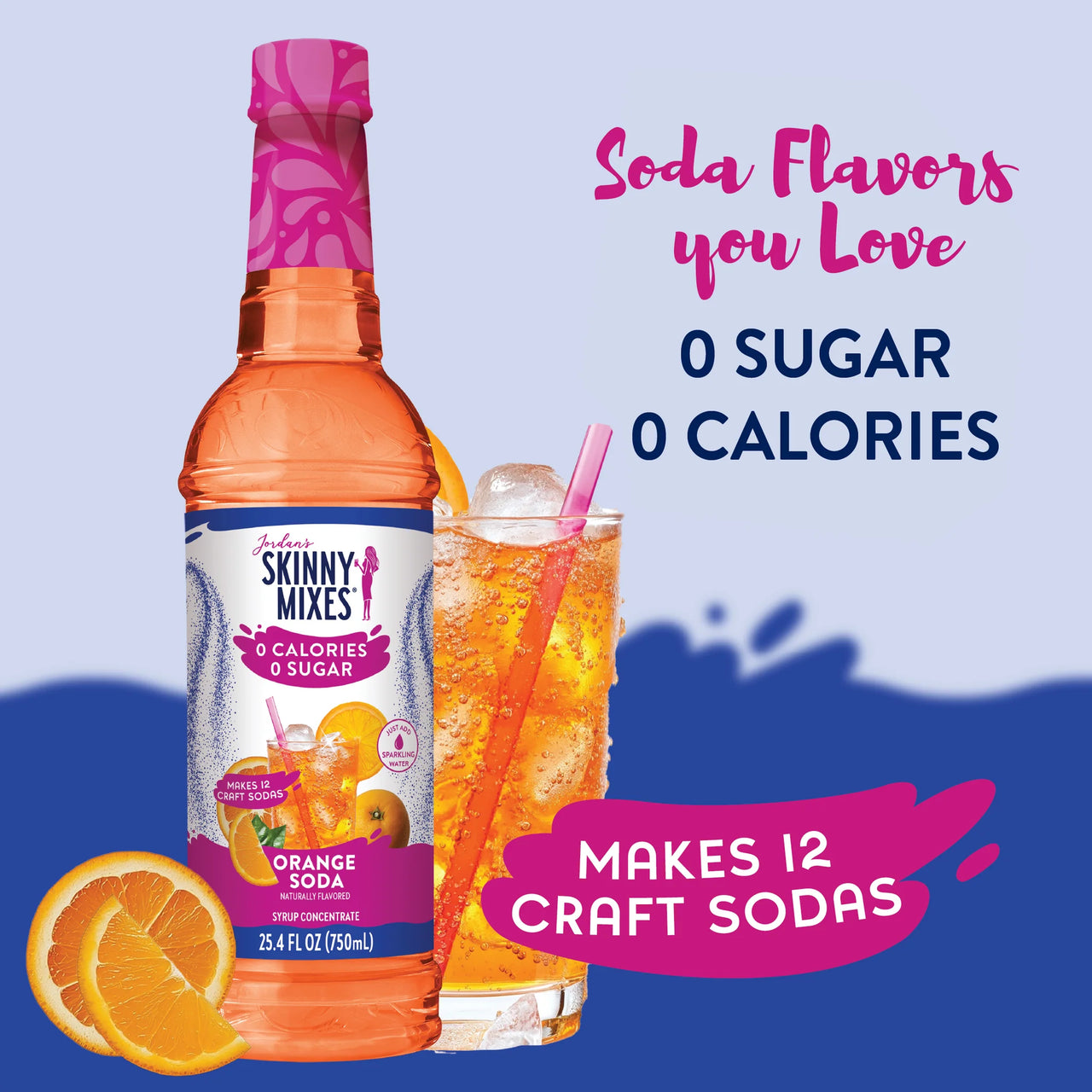A bottle of Orange Soda Skinny Syrup – Bright, Bubbly & Totally Throwback 🍊🥤✨ is next to a glass of sugar-free orange soda with ice and straw. Text: “0 sugar, 0 calories,” “Soda Flavors you Love,” “Makes 12 craft sodas.” Orange slices in front.