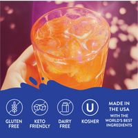 Thumbnail for A hand holds a glass of Orange Soda Skinny Syrup – Bright, Bubbly & Totally Throwback 🍊🥤✨ with ice. Icons below show it’s gluten free, keto-friendly, dairy free, kosher, and made in the USA. Purple and orange tones highlight the scene.