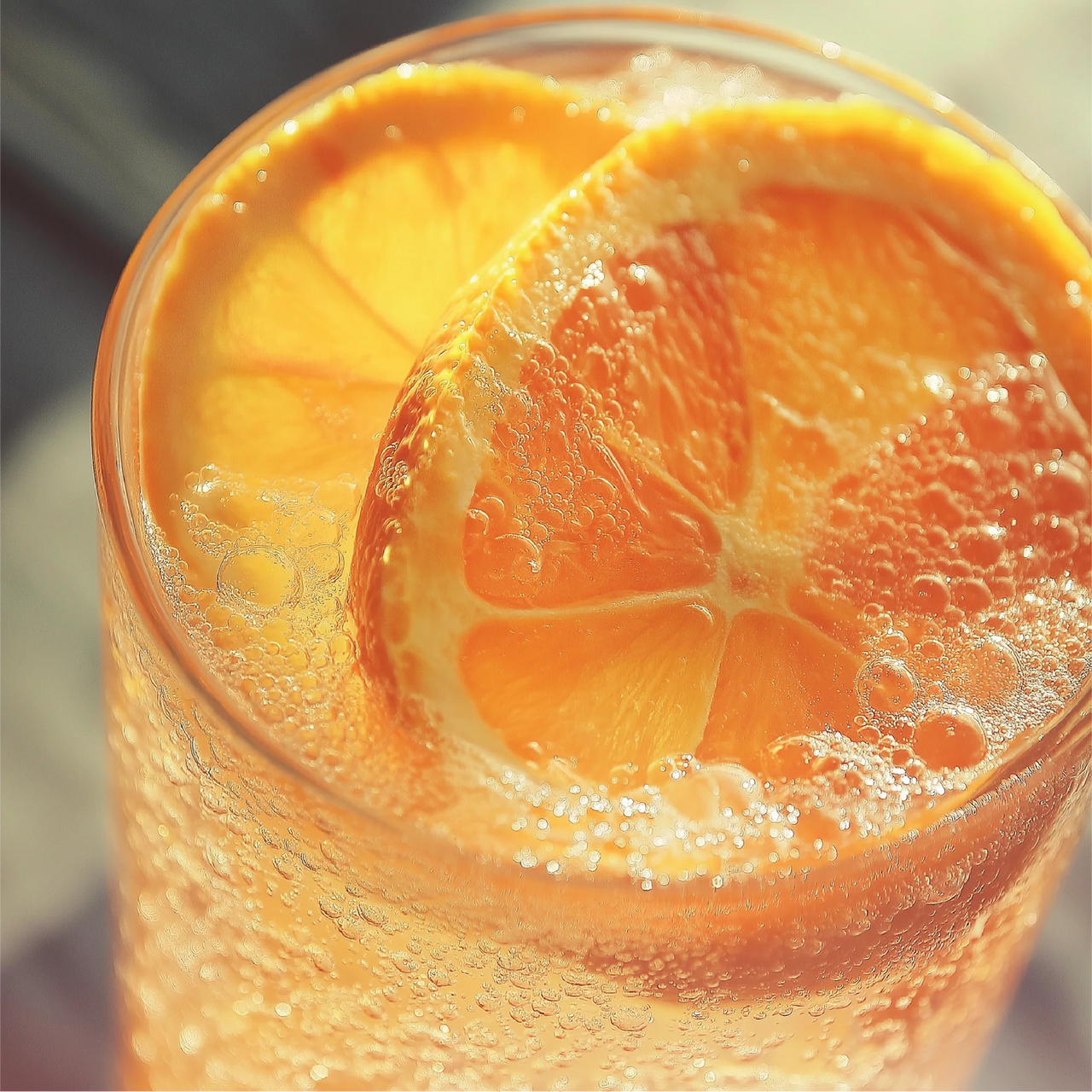 A close-up of Orange Soda Skinny Syrup – Bright, Bubbly & Totally Throwback 🍊🥤✨, sugar-free with bubbles and fresh orange slices on top—a refreshing, keto-friendly treat.