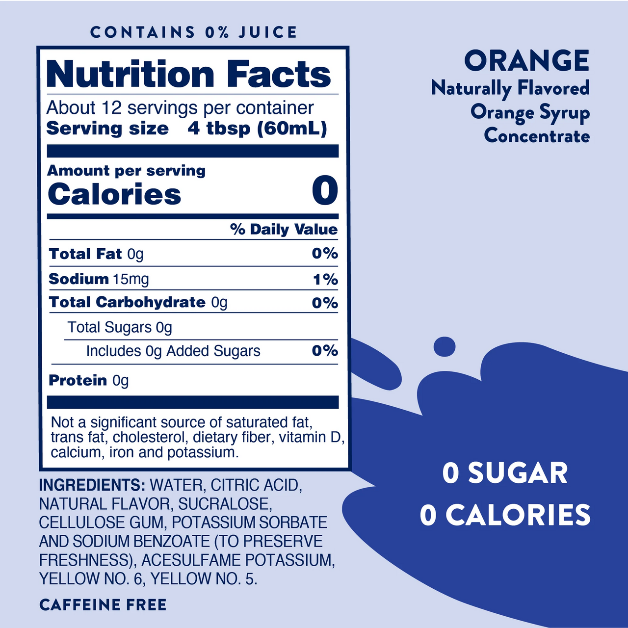 Nutrition facts and product info for Orange Soda Skinny Syrup – Bright, Bubbly & Totally Throwback 🍊🥤✨. Features 0 sugar, 0 calories, keto-friendly, caffeine-free, with ingredient list and nutrition details on a blue and white background.