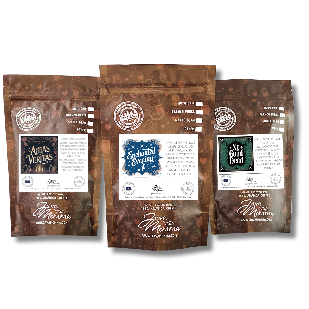The Momma’s Picks Monthly Coffee Box features three exclusive flavored blends—Amas Veritas, Enchanted Evening, and No Good Deed—in brown bags with white labels. Crafted by Java Momma, they’re perfect for a cozy candlelit coffee night.