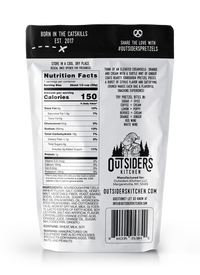 Thumbnail for A white snack package features nutrition facts, company info, the Outsiders Kitchen logo, and highlights Catskills roots. It describes Orange + Ginger Pretzel Bites—zesty, creamy, and boldly delicious with a citrus-orange twist.