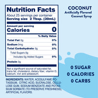 Thumbnail for Coconut Skinny Syrup – A Tropical Dream in Every Drop 🥥🏝️✨: Nutrition Facts per 2 tbsp (30mL)—0 calories, 0 sugar, 0 carbs. Keto-friendly with tropical coconut flavor. Ingredients and nutrition info provided. Zero sugar and carbs highlighted on label.