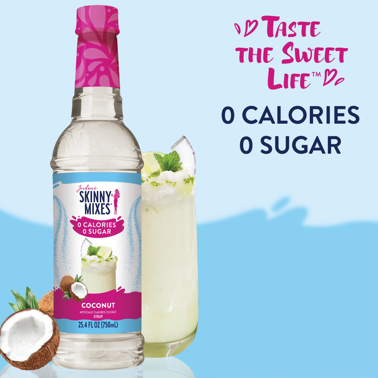 A bottle of Coconut Skinny Syrup – A Tropical Dream in Every Drop 🥥🏝️✨ stands beside a creamy coconut drink with mint. Text: Taste the Sweet Life. 0 Calories 0 Sugar. A coconut and splash of milk appear at the base.