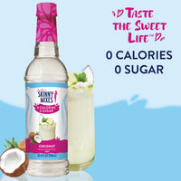 Thumbnail for A bottle of Coconut Skinny Syrup – A Tropical Dream in Every Drop 🥥🏝️✨ stands beside a creamy coconut drink with mint. Text: Taste the Sweet Life. 0 Calories 0 Sugar. A coconut and splash of milk appear at the base.
