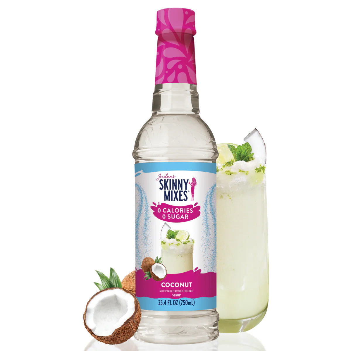 A bottle of Coconut Skinny Syrup – A Tropical Dream in Every Drop 🥥🏝️✨ stands beside a halved coconut and a glass of iced white coconut drink with mint and lime, highlighting 0 calories and 0 sugar for a truly keto-friendly treat.