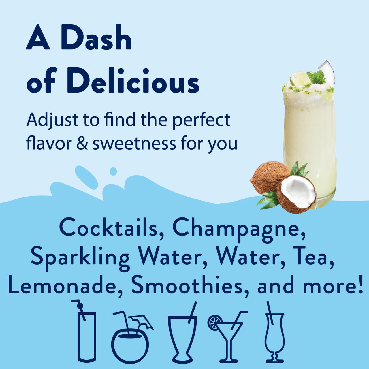 A refreshing coconut drink garnished with mint features Coconut Skinny Syrup – A Tropical Dream in Every Drop 🥥🏝️✨. This keto-friendly, sugar-free syrup adds customizable tropical flavor to cocktails, tea, lemonade, smoothies, and more. Drink icons shown below.