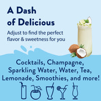 Thumbnail for A refreshing coconut drink garnished with mint features Coconut Skinny Syrup – A Tropical Dream in Every Drop 🥥🏝️✨. This keto-friendly, sugar-free syrup adds customizable tropical flavor to cocktails, tea, lemonade, smoothies, and more. Drink icons shown below.