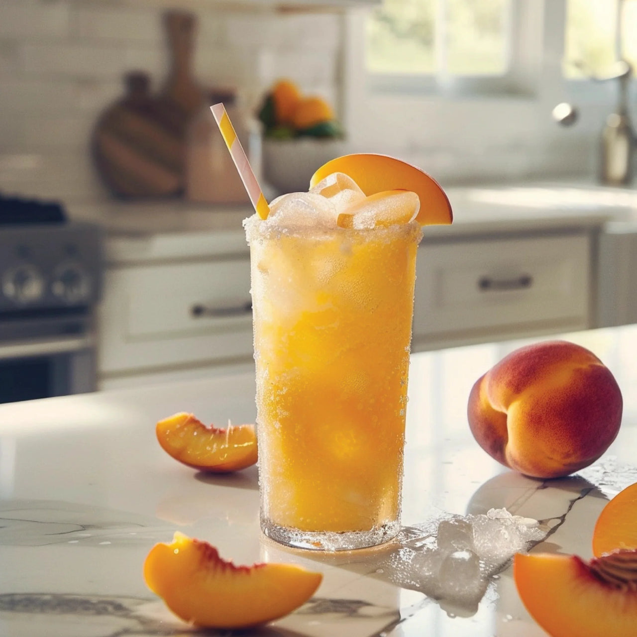 A tall glass of peach slush with ice, straw, and fresh peach slices sits on the counter, made sweeter with Peach Skinny Syrup – Juicy, Sunny, Guilt-Free Goodness 🍑🌞✨ as sunlight streams through the window.