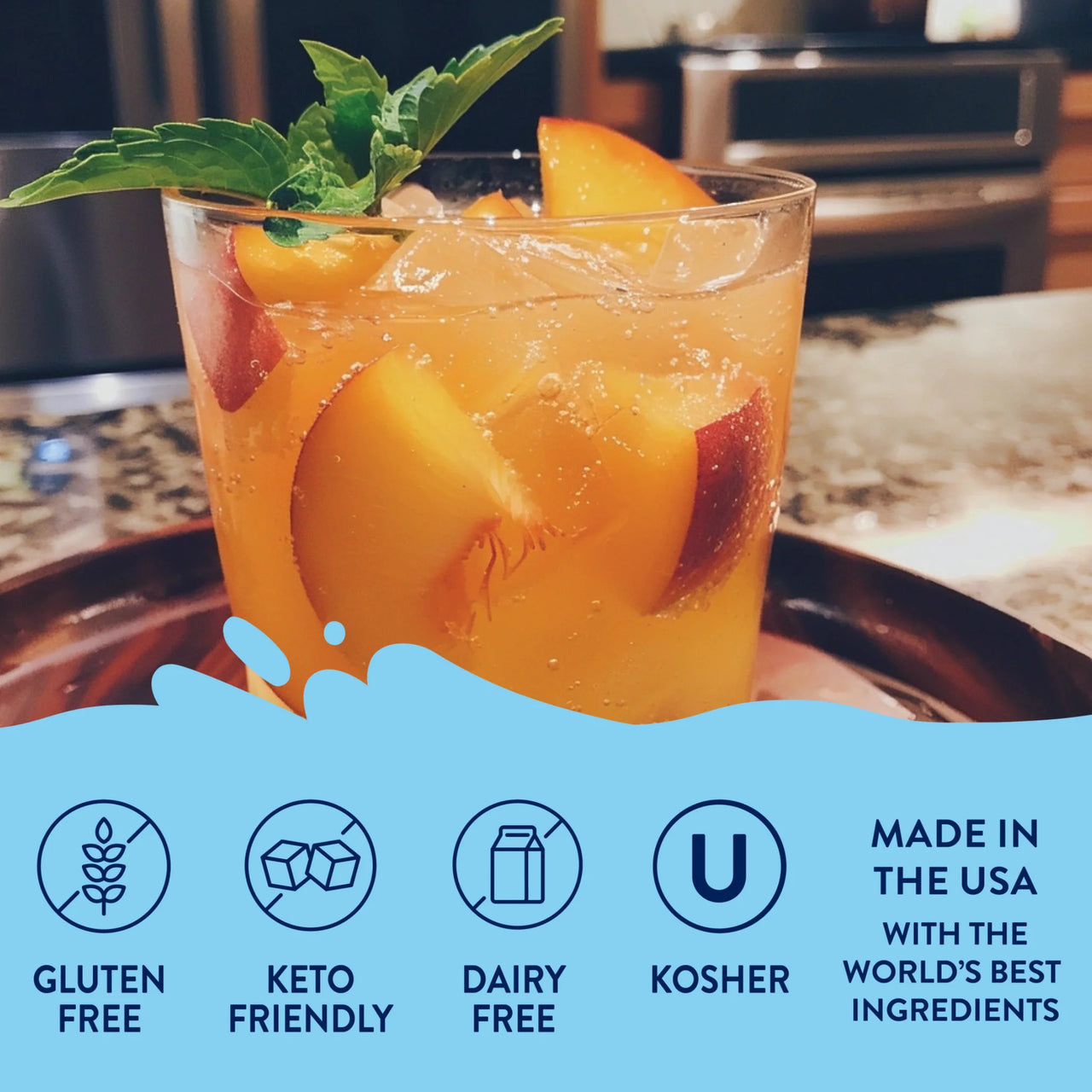A glass of iced drink with Peach Skinny Syrup – Juicy, Sunny, Guilt-Free Goodness 🍑🌞✨ and mint sits on a tray. Overlay icons show its keto-friendly, zero calorie, gluten free, dairy free, kosher, and proudly made in the USA.