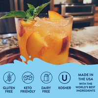 Thumbnail for A glass of iced drink with Peach Skinny Syrup – Juicy, Sunny, Guilt-Free Goodness 🍑🌞✨ and mint sits on a tray. Overlay icons show its keto-friendly, zero calorie, gluten free, dairy free, kosher, and proudly made in the USA.