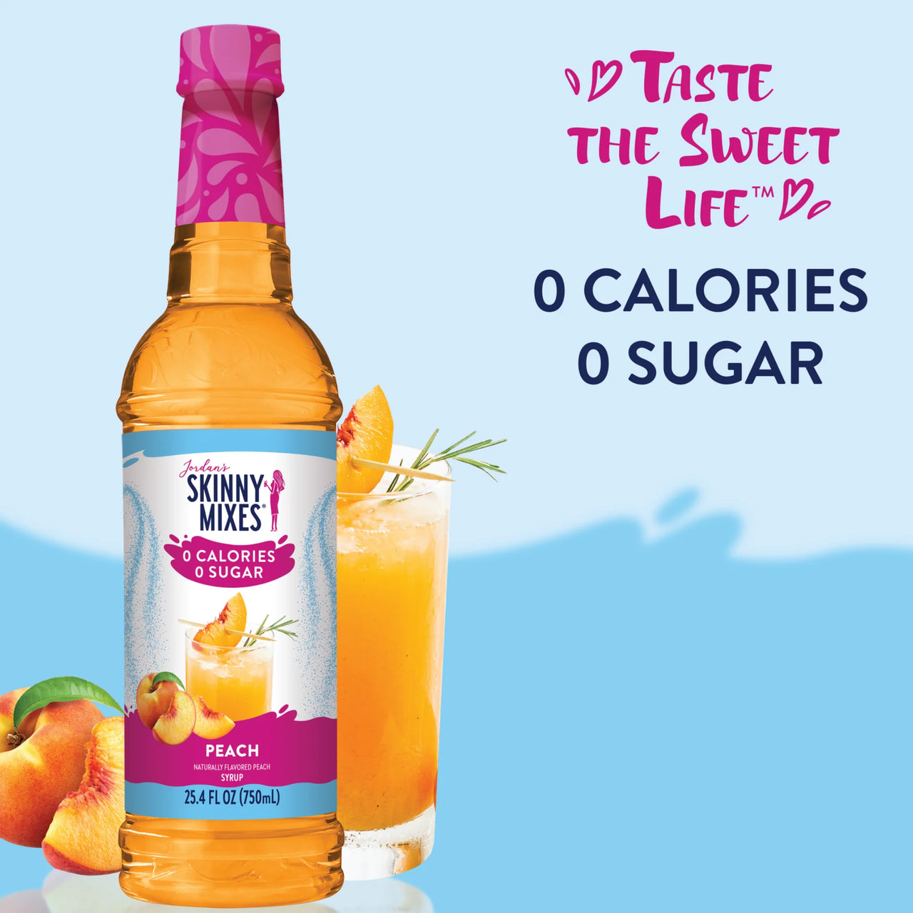 A bottle of Peach Skinny Syrup – Juicy, Sunny, Guilt-Free Goodness 🍑🌞✨ with a peach drink and peaches, plus text reading Taste the Sweet Life, 0 Calories, 0 Sugar on a blue background.