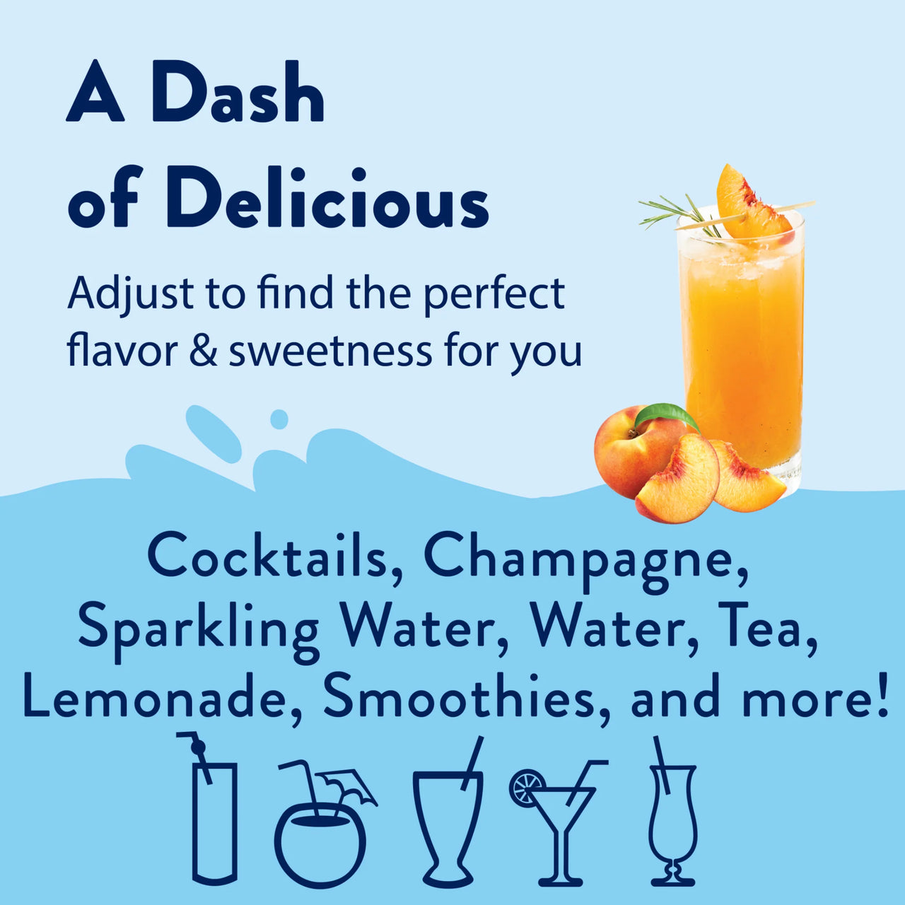 A promo graphic shows a peach drink garnished with peach slices and herbs, highlighting Peach Skinny Syrup – Juicy, Sunny, Guilt-Free Goodness 🍑🌞✨ for cocktails, water, tea, lemonade, smoothies & more. Illustrations of drinks are below.
