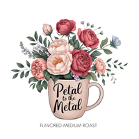 Thumbnail for A pink coffee cup labeled Petal to the Metal, filled with pink, red, and peach flowers and green leaves. Below: Petal to the Metal Flavored Coffee – Silky French Vanilla with a Floral Twist, a small-batch medium roast.