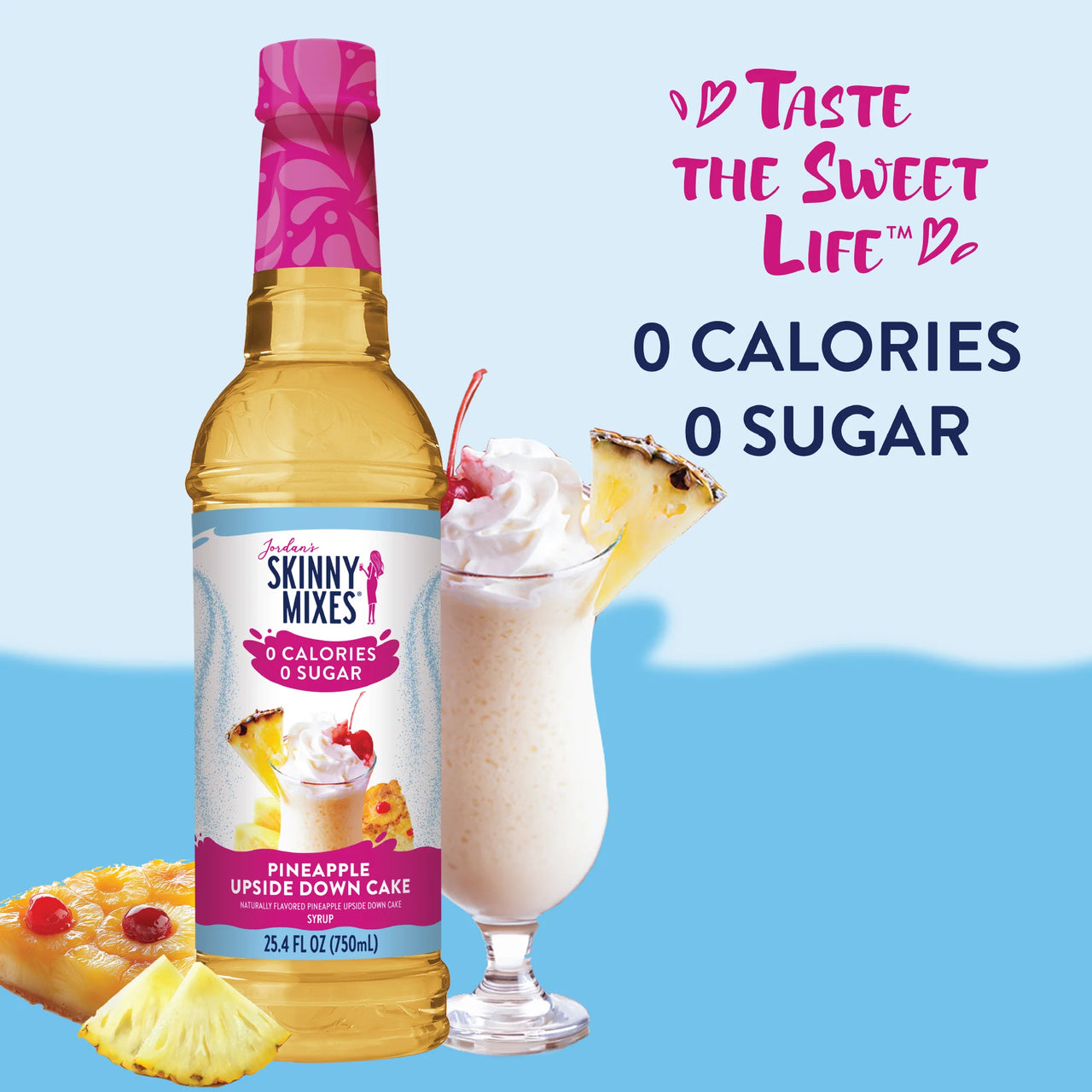 A bottle of Pineapple Upside Down Cake Skinny Syrup – Dessert Meets Paradise 🍍🍰✨ sits beside a tropical drink with whipped cream, cherry, and pineapple. Taste the Sweet Life: 0 calories, 0 sugar, and keto-friendly!.