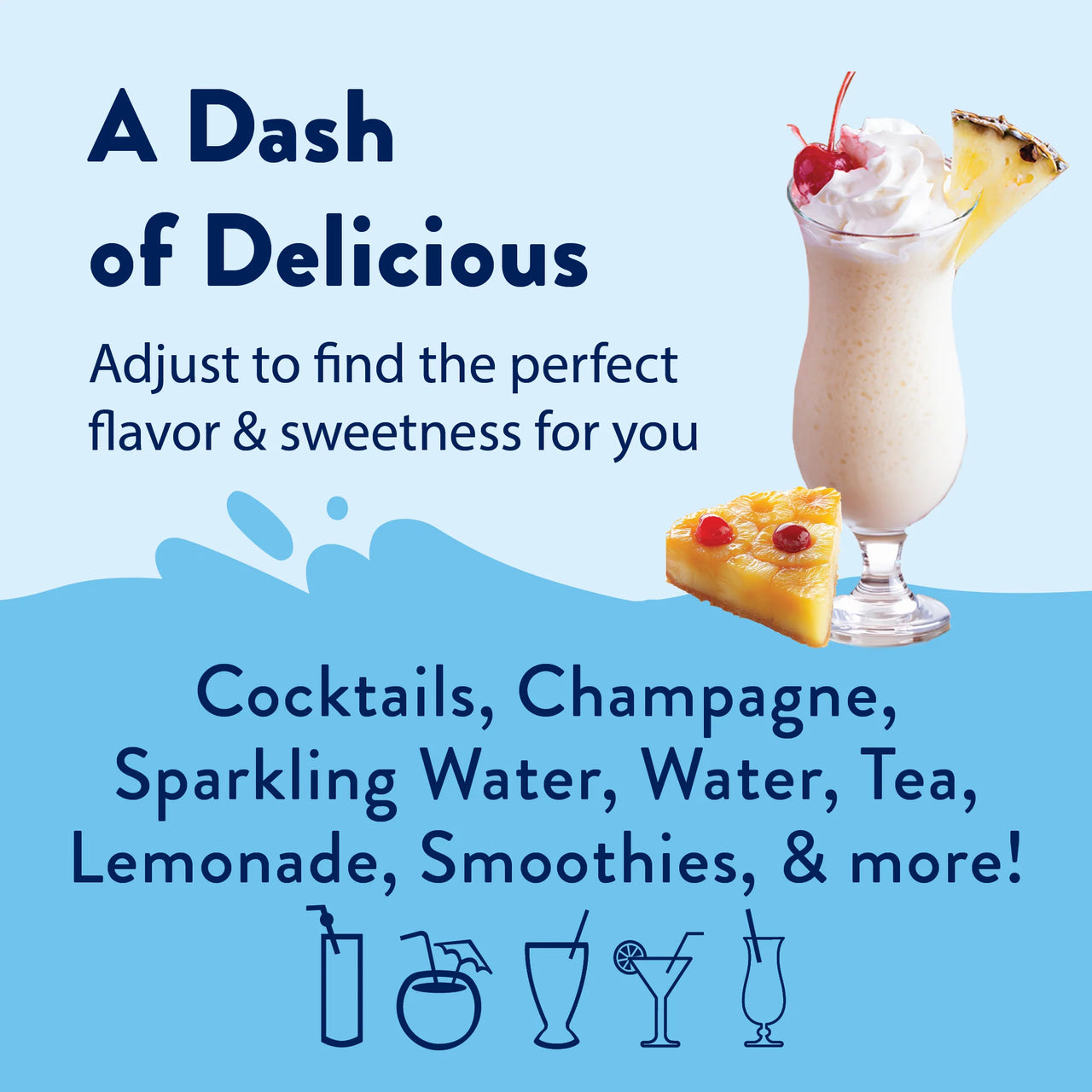 A creamy cocktail with cherry and pineapple garnish sits by pineapple slices. Text highlights Pineapple Upside Down Cake Skinny Syrup – Dessert Meets Paradise 🍍🍰✨ for sweetening cocktails, tea, lemonade, smoothies & more. Drink illustrations appear below.