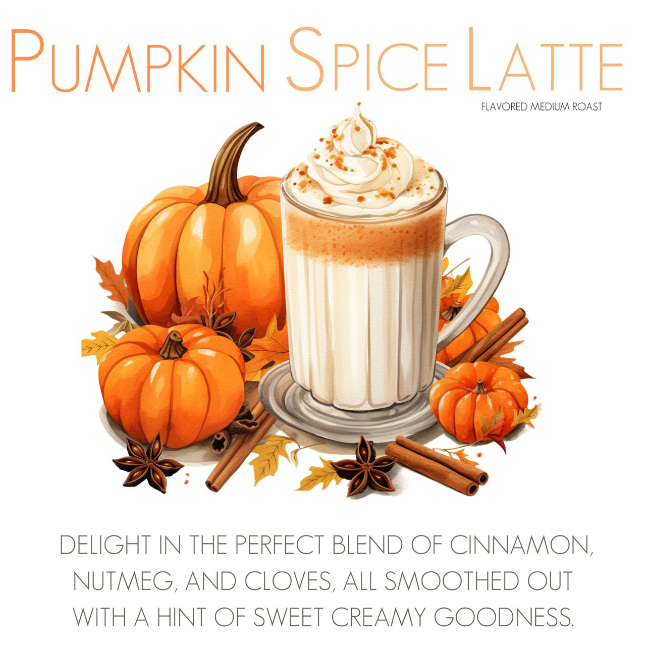 A glass mug of pumpkin spice latte with whipped cream sits among pumpkins and spices, inviting you to try the Fall Into Fall Coffee Sampler 🍁—three cozy seasonal flavors made from premium autumn coffee beans.