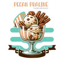 Thumbnail for A glass dessert bowl filled with scoops of ice cream and whole pecans sits before teal and brown accents. Above, “🥜 Pecan Praline – Buttery, Nutty Medium Roast Inspired by a Southern Summer Treat” appears in orange.