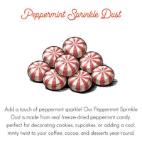 Thumbnail for An illustrated pile of red-and-white striped peppermint candies with the words “Peppermint Sprinkle Dust” in red script above. Below the image is a description of the product’s use and ingredients.