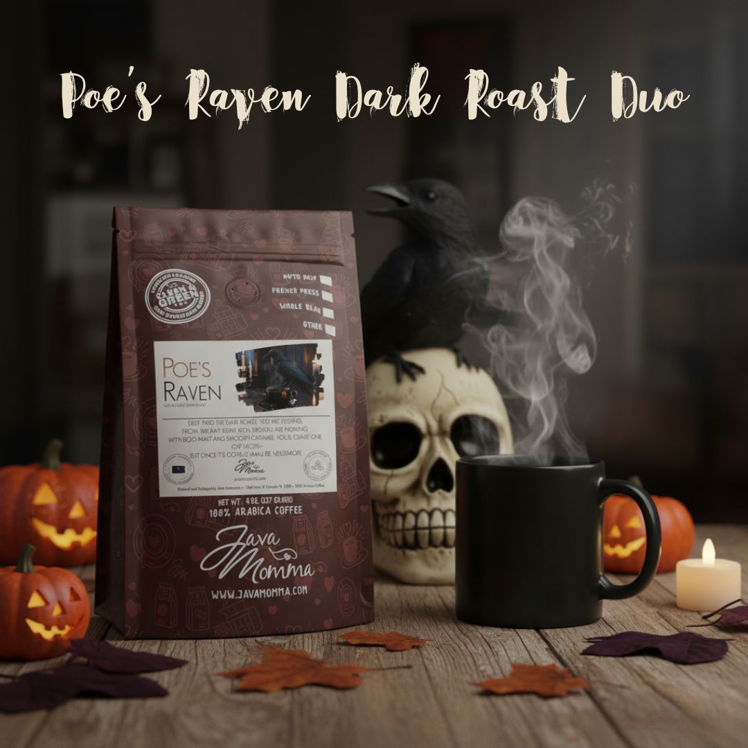 A coffee bag labeled Poe’s Raven Dark Roast sits by a steaming mug, skull with a gothic raven figurine, autumn leaves, candle, and black mug. Above: Poe’s Raven Dark Roast Duo – Limited Edition Coffee + Raven Figurine.