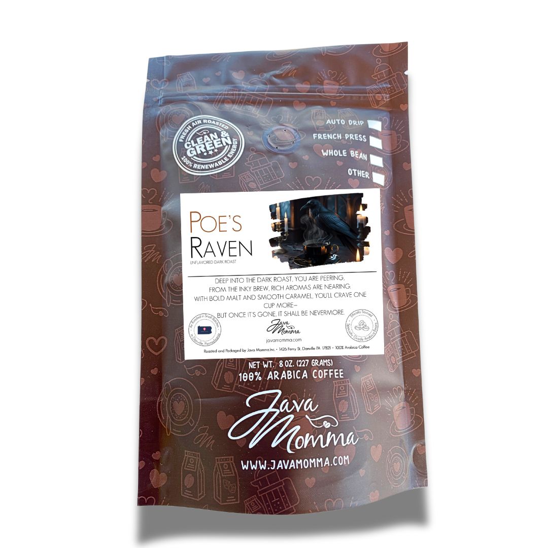 A brown bag of Poe’s Raven Dark Roast Duo – Limited Edition Coffee + Raven Figurine, made from 100% Arabica beans. The gothic raven-inspired packaging holds whole bean coffee for auto drip or French press.
