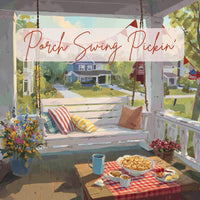 Thumbnail for A cozy front porch displays a white swing with striped pillows, snacks, flowers, and drinks on a table. In the background, “Porch Swing Pickin’” highlights our limited edition flavored coffee with cinnamon, graham cracker & butterscotch.