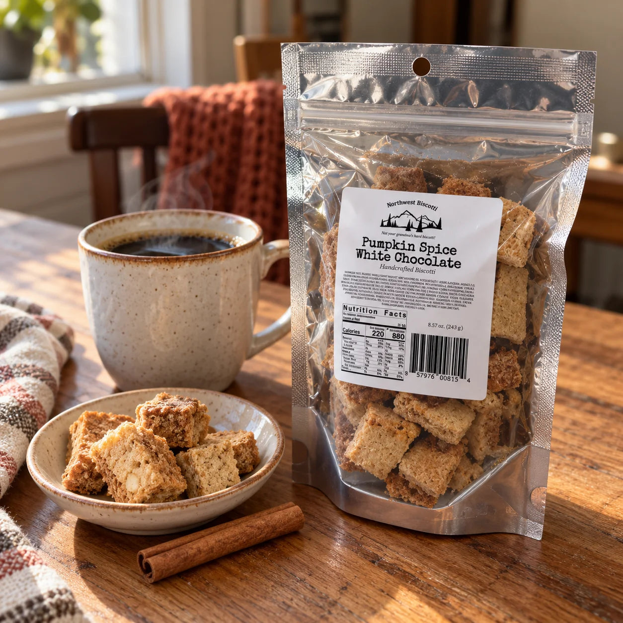 A stand-up pouch of Northwest Biscotti Pumpkin Spice White Chocolate dried fruit sits on a wooden table beside a mug of coffee, a small bowl of pieces, and a cinnamon stick. The package label reads 'Pumpkin Spice White Chocolate'.