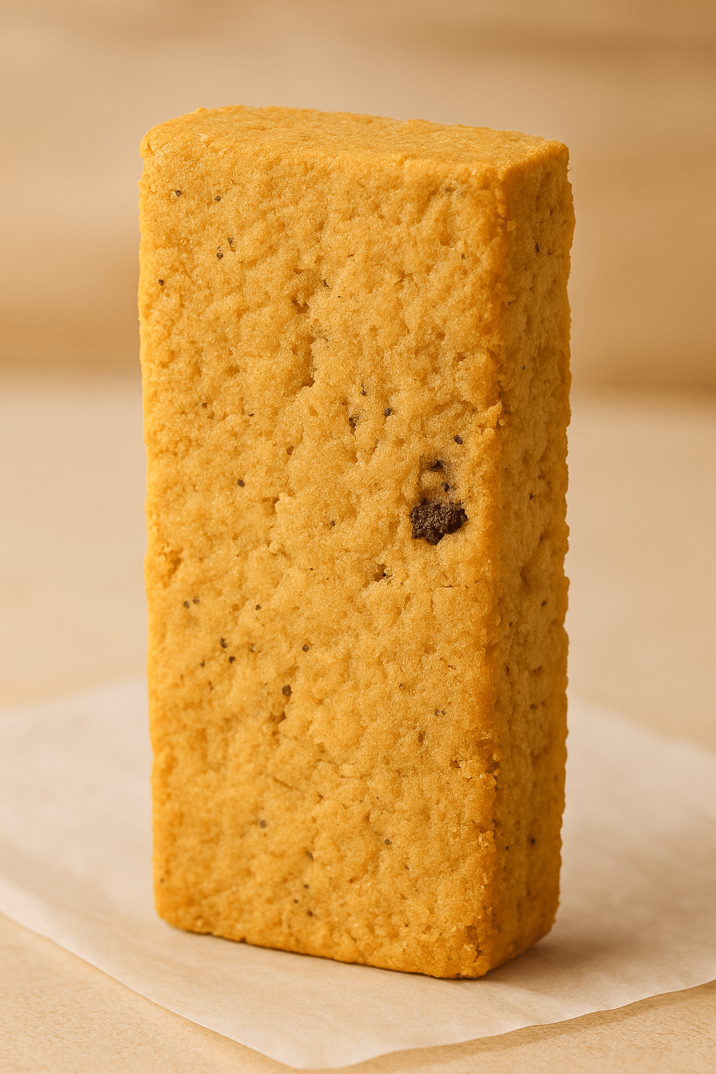 A rectangular piece of Pumpkin Spice Walnut Biscotti Double Pack – Soft-Bite, Spiced, & Seriously Snackable stands upright on parchment paper, featuring a golden-brown surface with a walnut piece visible.