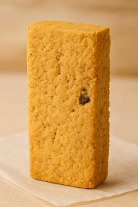 Thumbnail for A rectangular piece of Pumpkin Spice Walnut Biscotti Double Pack – Soft-Bite, Spiced, & Seriously Snackable stands upright on parchment paper, featuring a golden-brown surface with a walnut piece visible.