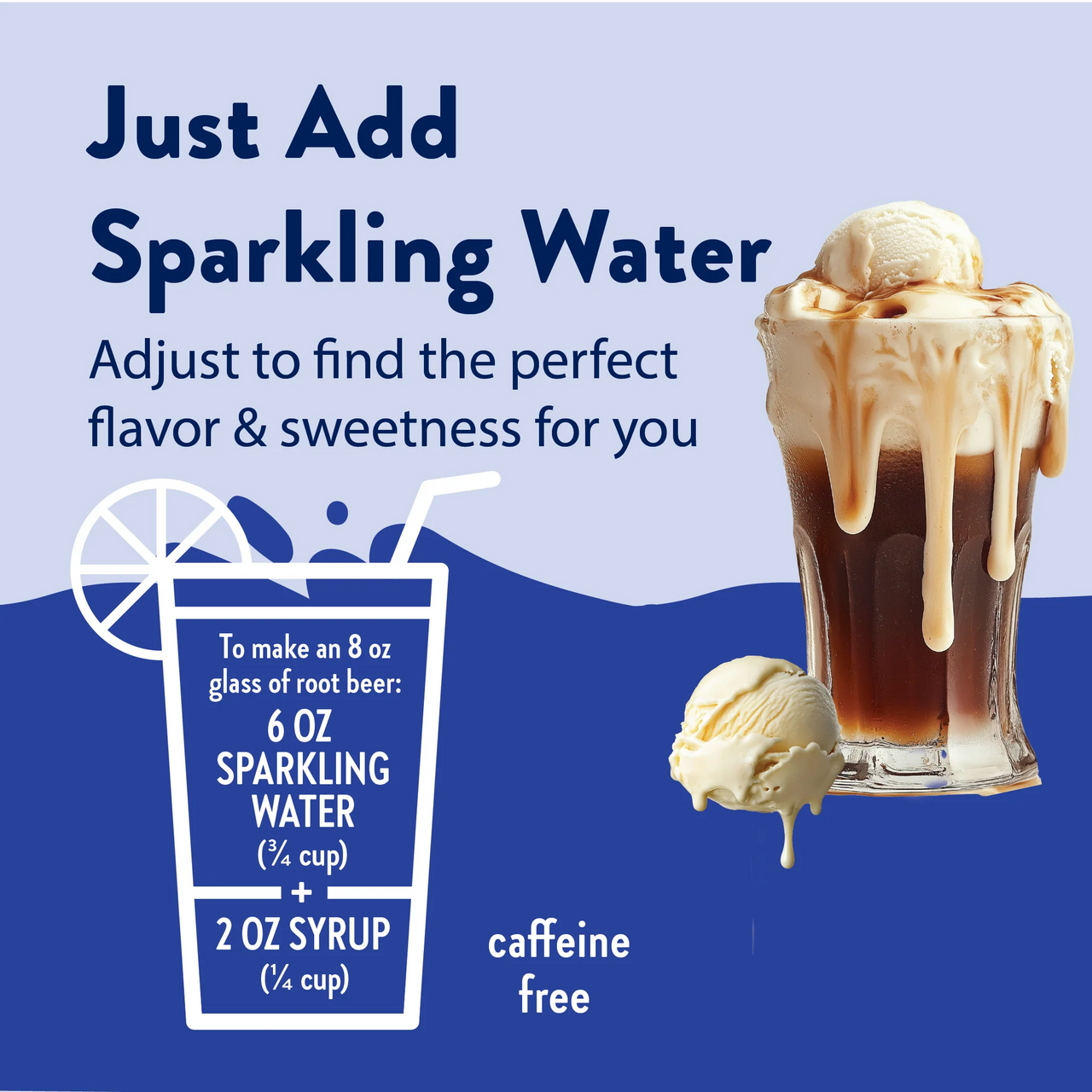 A root beer float with melting ice cream sits beside a recipe for Root Beer Float Skinny Syrup – Classic Creamy Fizz, Zero Guilt 🍺🍦✨, made with sparkling water and syrup—perfect for a customizable, caffeine-free treat!.