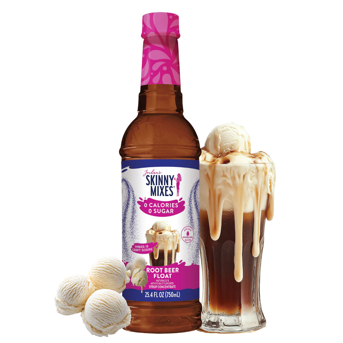 A bottle of Root Beer Float Skinny Syrup – Classic Creamy Fizz, Zero Guilt 🍺🍦✨ sits beside a root beer float topped with melting vanilla ice cream and extra scoops nearby—ideal for a keto-friendly treat.