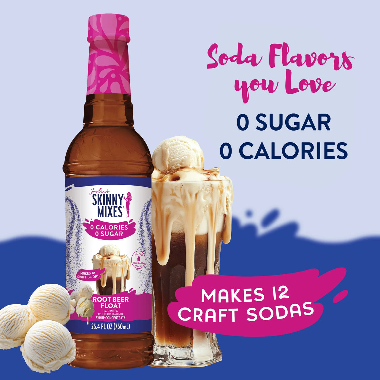 A bottle of Root Beer Float Skinny Syrup – Classic Creamy Fizz, Zero Guilt 🍺🍦✨ stands next to a glass of root beer float with ice cream. Text highlights 0 sugar, 0 calories, and “Makes 12 Craft Sodas.” Three ice cream scoops sit up front.
