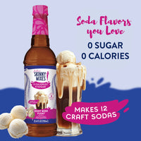 Thumbnail for A bottle of Root Beer Float Skinny Syrup – Classic Creamy Fizz, Zero Guilt 🍺🍦✨ stands next to a glass of root beer float with ice cream. Text highlights 0 sugar, 0 calories, and “Makes 12 Craft Sodas.” Three ice cream scoops sit up front.