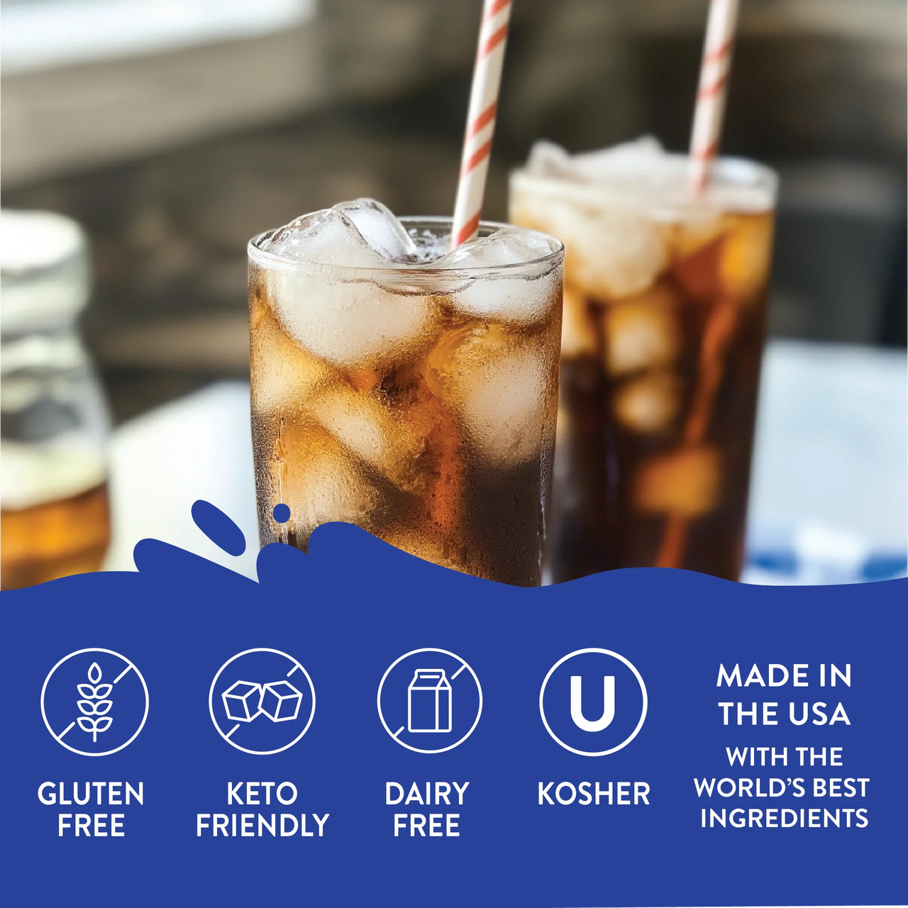 Two glasses of iced Root Beer Float Skinny Syrup – Classic Creamy Fizz, Zero Guilt 🍺🍦✨ sit on a table with striped straws. Icons note its gluten free, dairy free, kosher, made in the USA with premium ingredients and sugar-free.