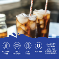 Thumbnail for Two glasses of iced Root Beer Float Skinny Syrup – Classic Creamy Fizz, Zero Guilt 🍺🍦✨ sit on a table with striped straws. Icons note its gluten free, dairy free, kosher, made in the USA with premium ingredients and sugar-free.