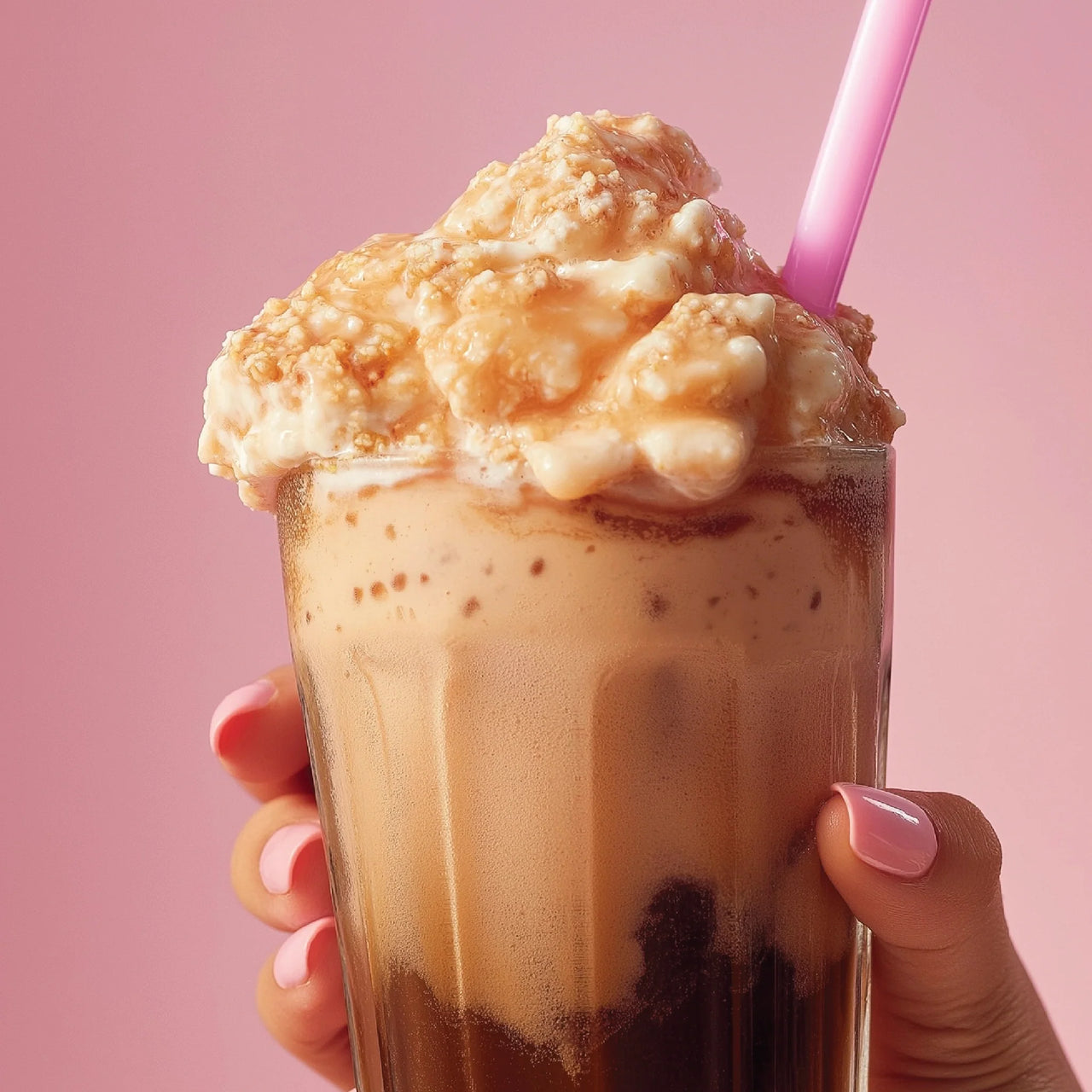A hand with pink-painted nails holds a glass of iced coffee topped with whipped cream and Root Beer Float Skinny Syrup, finished with a pink straw, against a matching pink background.