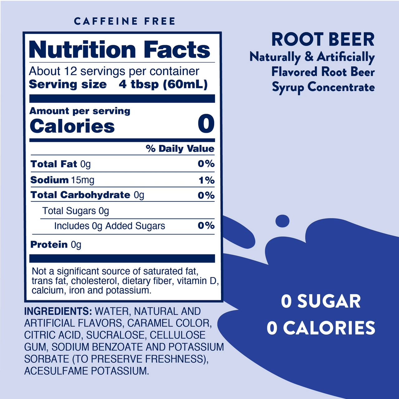 The Root Beer Float Skinny Syrup – Classic Creamy Fizz, Zero Guilt 🍺🍦✨ has 0 calories, 0 sugar, and 0 protein per serving. Nutrition details appear on a blue and white label. Enjoy this keto-friendly syrup totally guilt-free!.