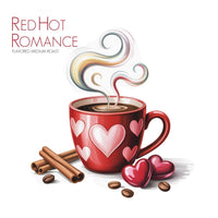 Thumbnail for Red coffee mug with heart designs, cinnamon sticks, and red candies on a white background with 'Red Hot Romance' text.