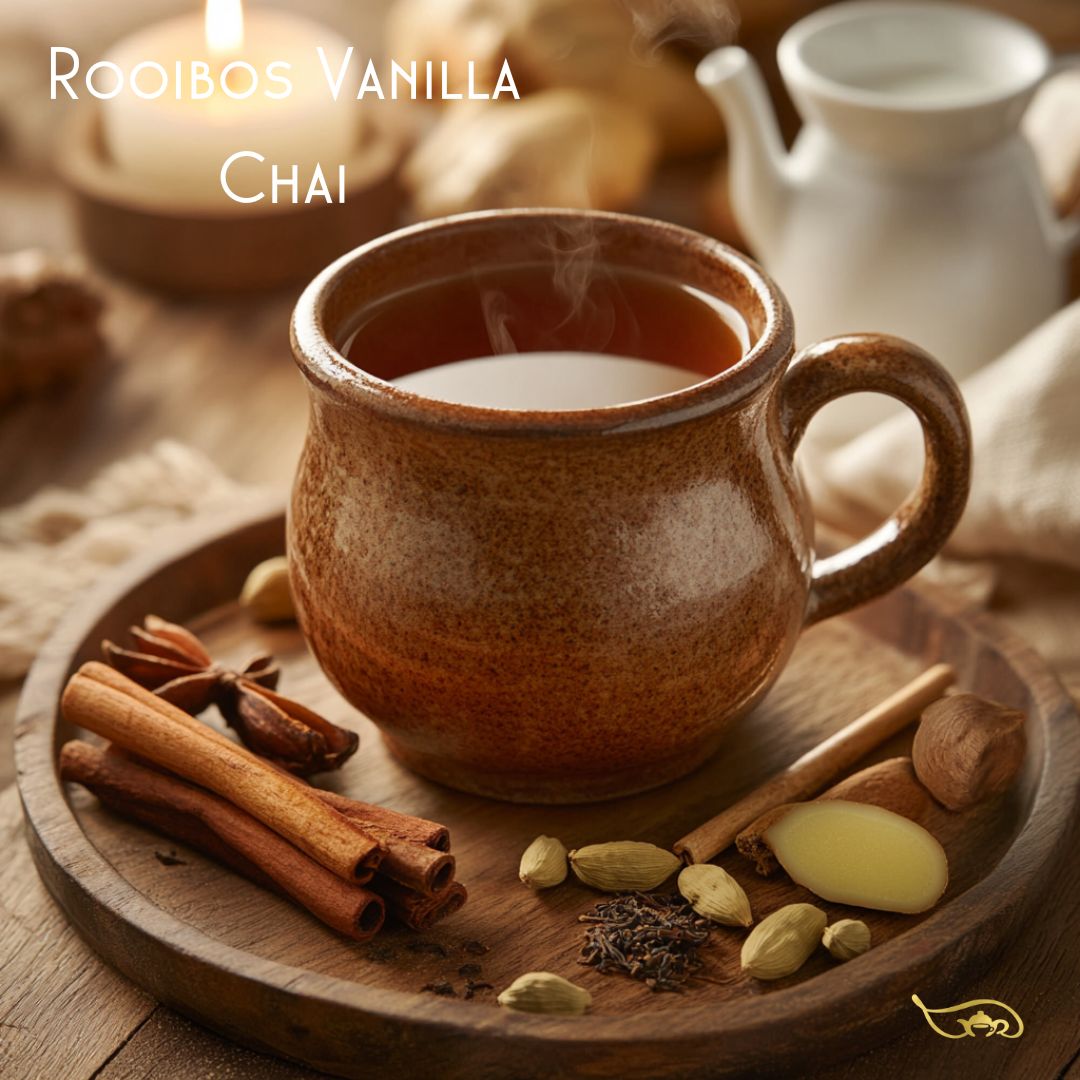 🖼️ "A rustic ceramic mug filled with steaming Rooibos Vanilla Chai, placed on a wooden tray. Surrounding the mug are chai spices including cinnamon sticks, cardamom pods, ginger, and star anise, emphasizing the warm and aromatic blend. A small jug of milk and a softly glowing candle in the background create a cozy, inviting atmosphere.