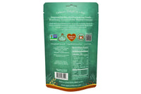 Thumbnail for Back view of a green resealable stand-up pouch package with printed text, nutrition facts, icons, and a barcode on a plain white background.