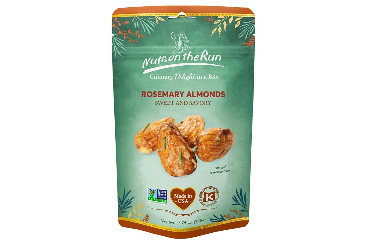 A stand-up pouch of Nuts on the Run Rosemary Almonds on a plain white background. The packaging is primarily a muted teal green with orange accents at the top and bottom, featuring an image of three glazed almonds on the front.