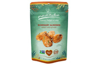 Thumbnail for A stand-up pouch of Nuts on the Run Rosemary Almonds on a plain white background. The packaging is primarily a muted teal green with orange accents at the top and bottom, featuring an image of three glazed almonds on the front.