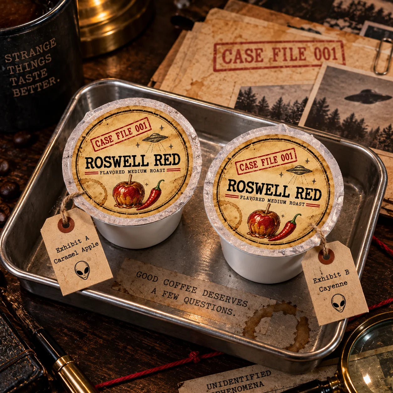 Roswell Red Coffee | Momma's Picks in single serve cups featuring caramel apple and cayenne, CASE FILE 001.