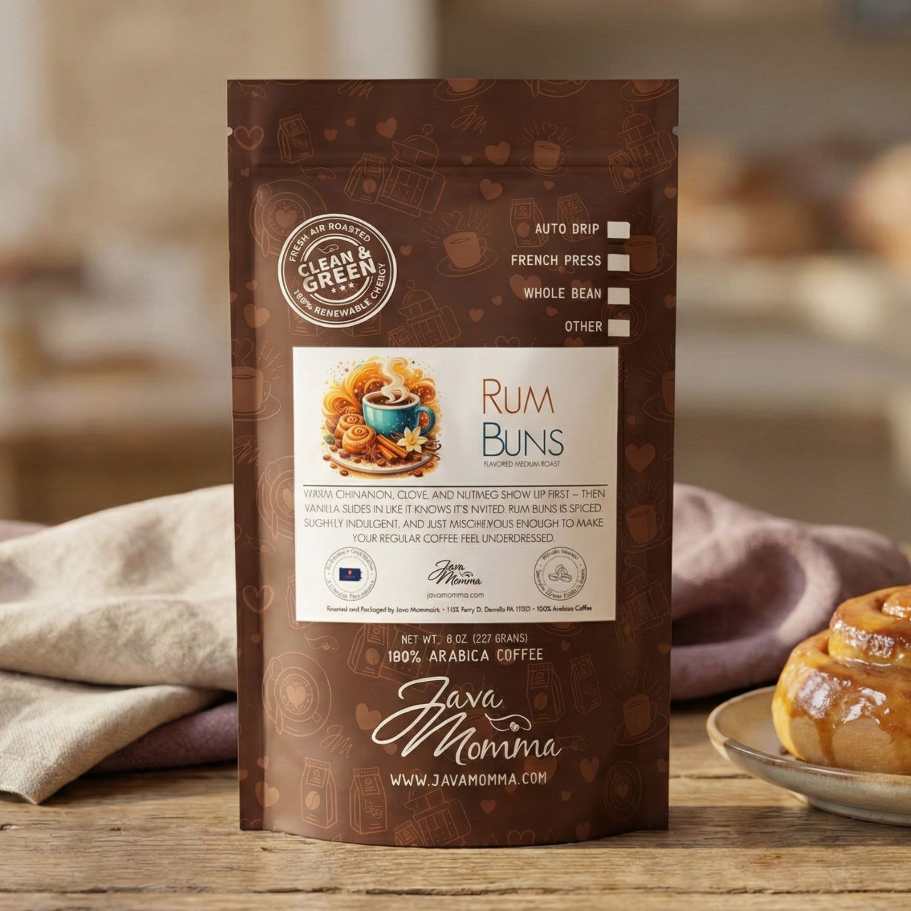 Rum Buns flavored coffee bag by Java Momma - February Limited Release.